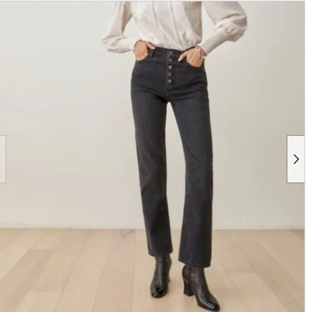 Reformation black gray high rise wide leg jeans button fly cropped - Picture 9 of 9